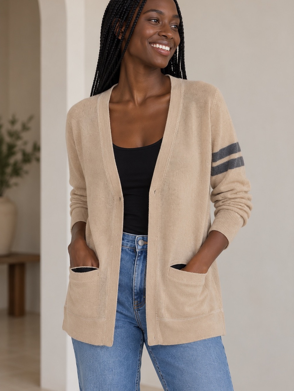📕MAKE OFFER📕 Free People Ivory Wool Blend Varsity Cardigan Gray Stripes Sz LG